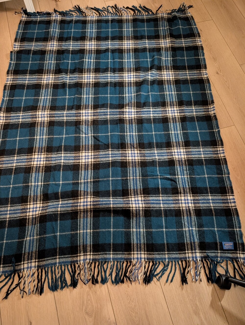 Vintage Pendleton Green/Turquoise/ Black Fringe Virgin Wool Throw 52 X 68